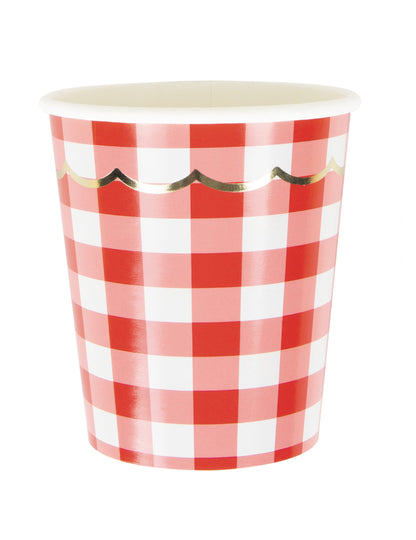 Gobelets en carton festonnés vichy pour fête rouge et blanc