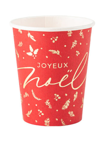 8 pahare de carton de 255 ml, roșii și aurii, cu tema Crăciun Fericit