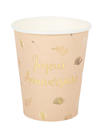 8 pahare cartonate boho blush și auriu, 255 ml, pentru aniversare fericită 