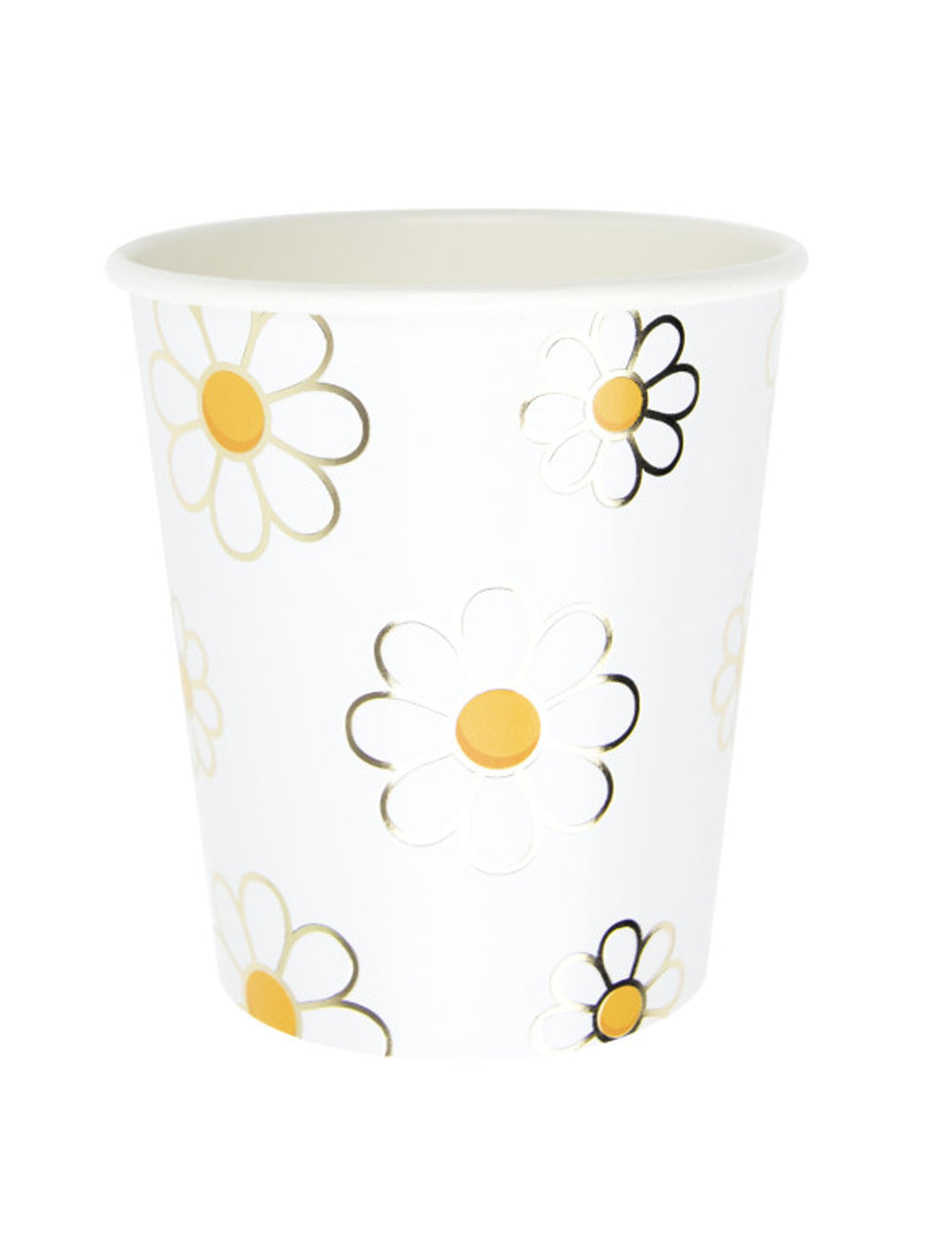 Gobelets en carton Marguerite blancs avec motifs de fleurs jaunes et dorées