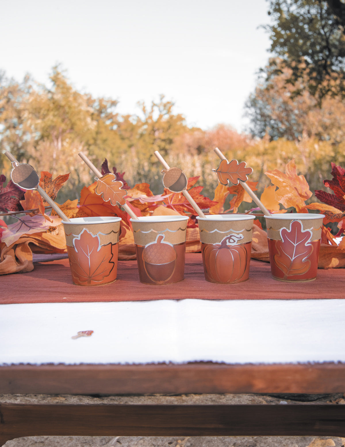 Habillages à gobelets automne et Halloween pour fête orange et marron avec motifs de feuilles et citrouilles