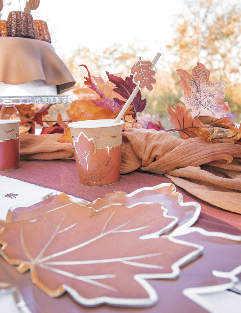 Mise en situation sur une table de fête des habillages à gobelets automne et Halloween
