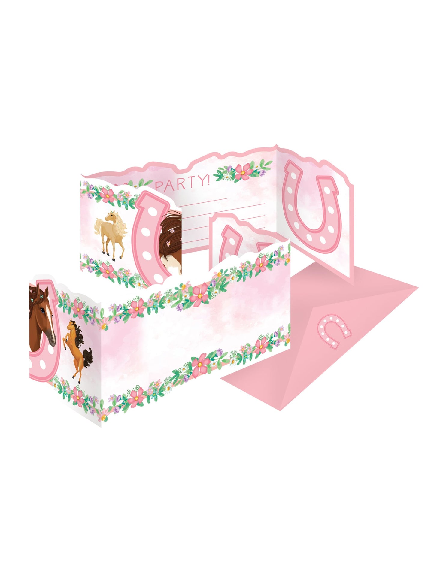 Invitations avec enveloppes joli cheval pour fille rose avec fleurs et fers à cheval