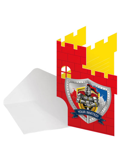 Invitații pentru copii, cavalerii, roșii și galbene, în formă de castel