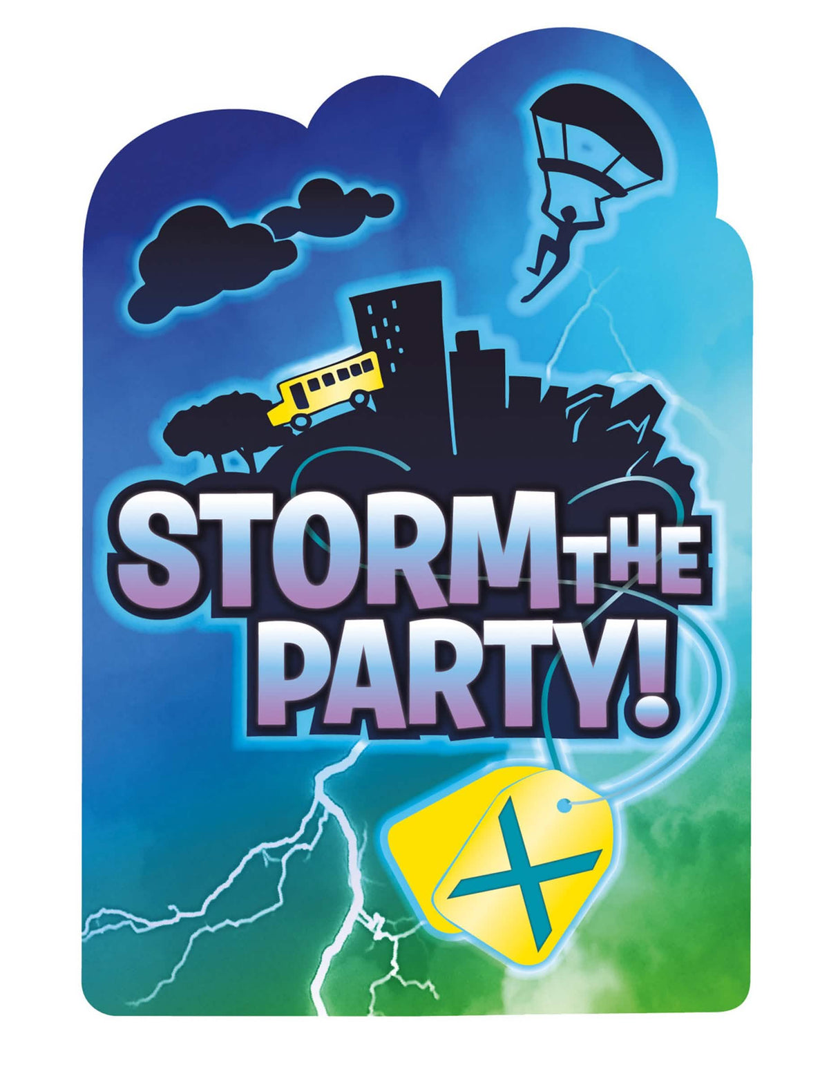 Invitații și plicuri cu stickere battle royale albastre și verzi cu autobuz galben