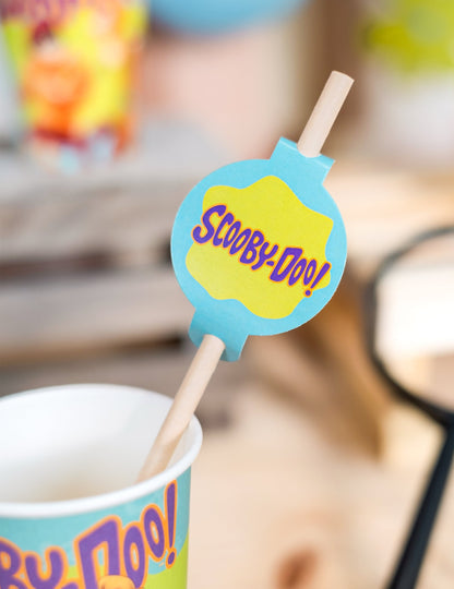 Gros plan sur le médaillon logo des pailles médaillon en carton Scooby-Doo