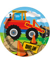 Assiettes en carton chantier pour enfant avec illustration de tractopelle rouge