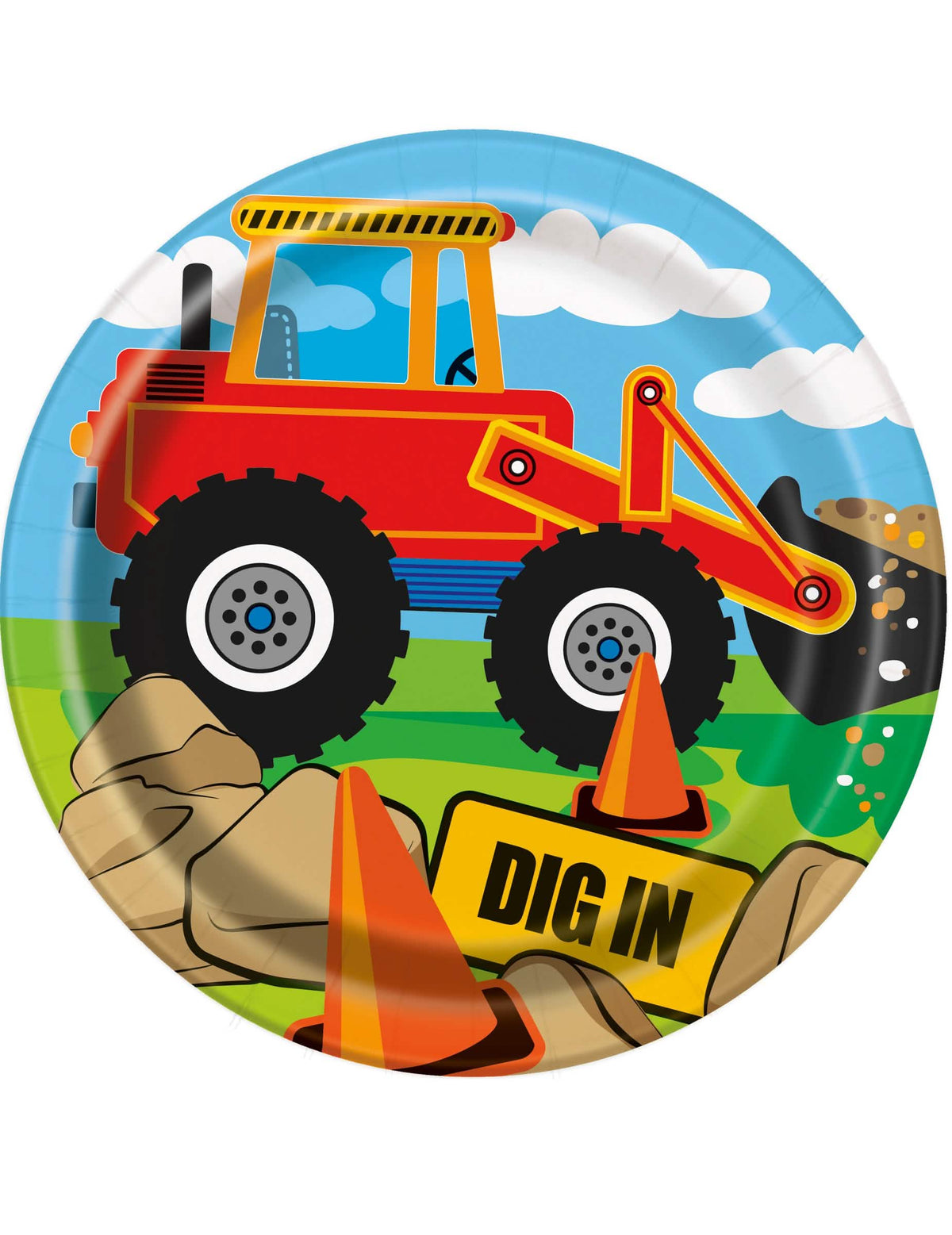 farfurii din carton șantier pentru copil cu ilustrație de tractor cu cupă roșu