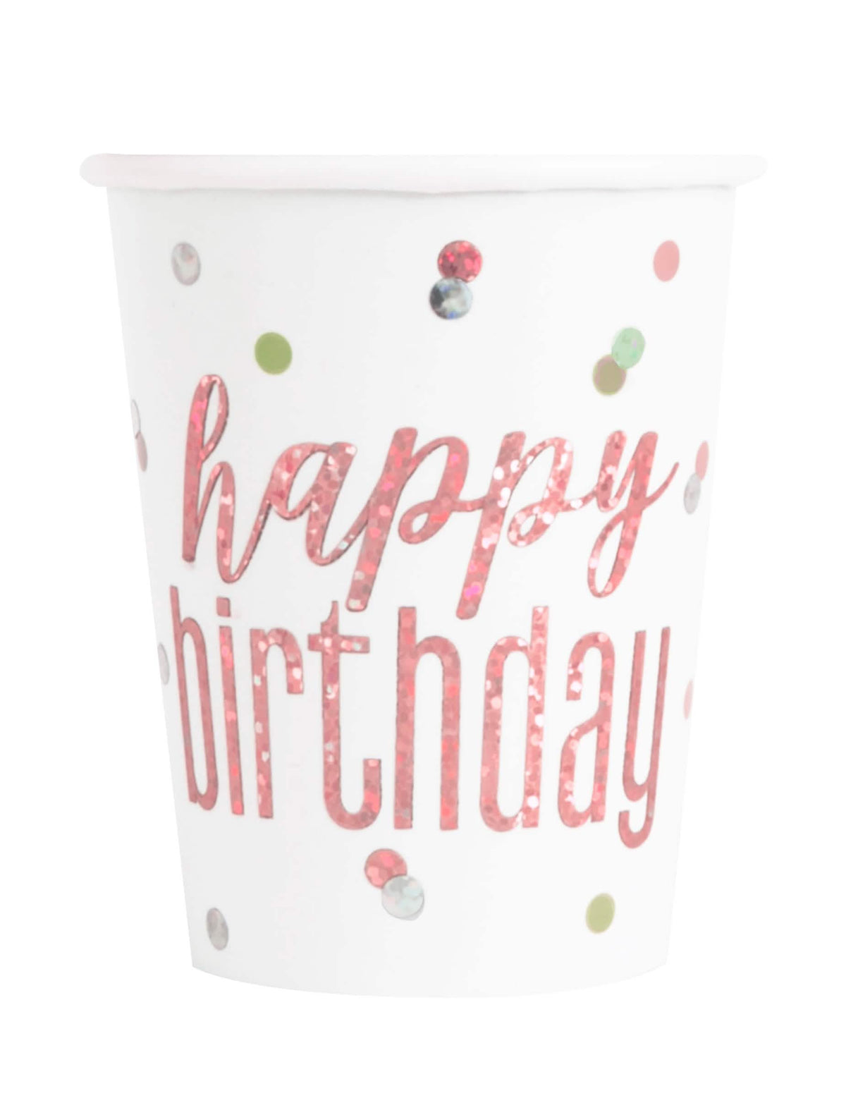 Pahare de carton Happy Birthday pentru aniversare albe și roz pailletate cu buline