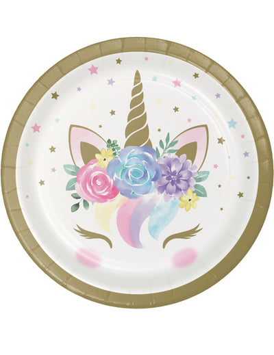 Petites assiettes en carton licorne féerique blanches et dorées