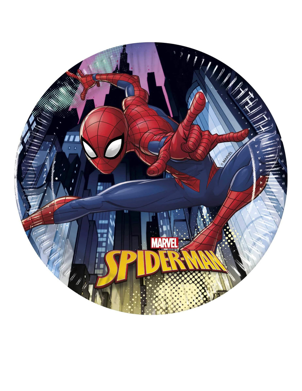 farfurii din carton Spiderman pentru aniversare albastru și roșu cu decor de oraș