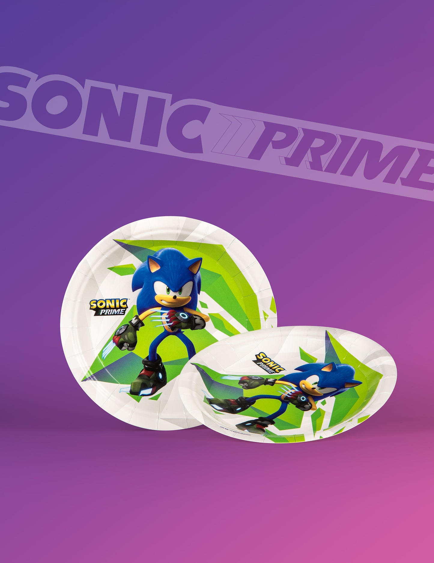 Vue de face et inclinée des assiettes Sonic Prime