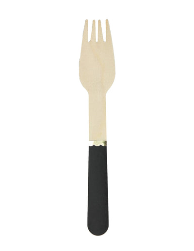 Petites fourchettes en bois pour fête noires avec liseré doré