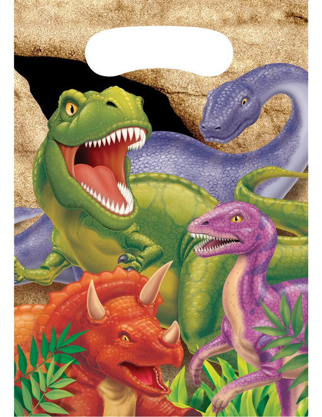 Pungi cadou din plastic cu dinozauri pentru aniversare, colorate, cu T-Rex și Triceratops