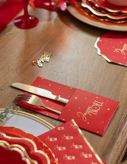 8 porte-couverts Joyeux Noël L'Intemporel rouge et or 10 x 20 cm