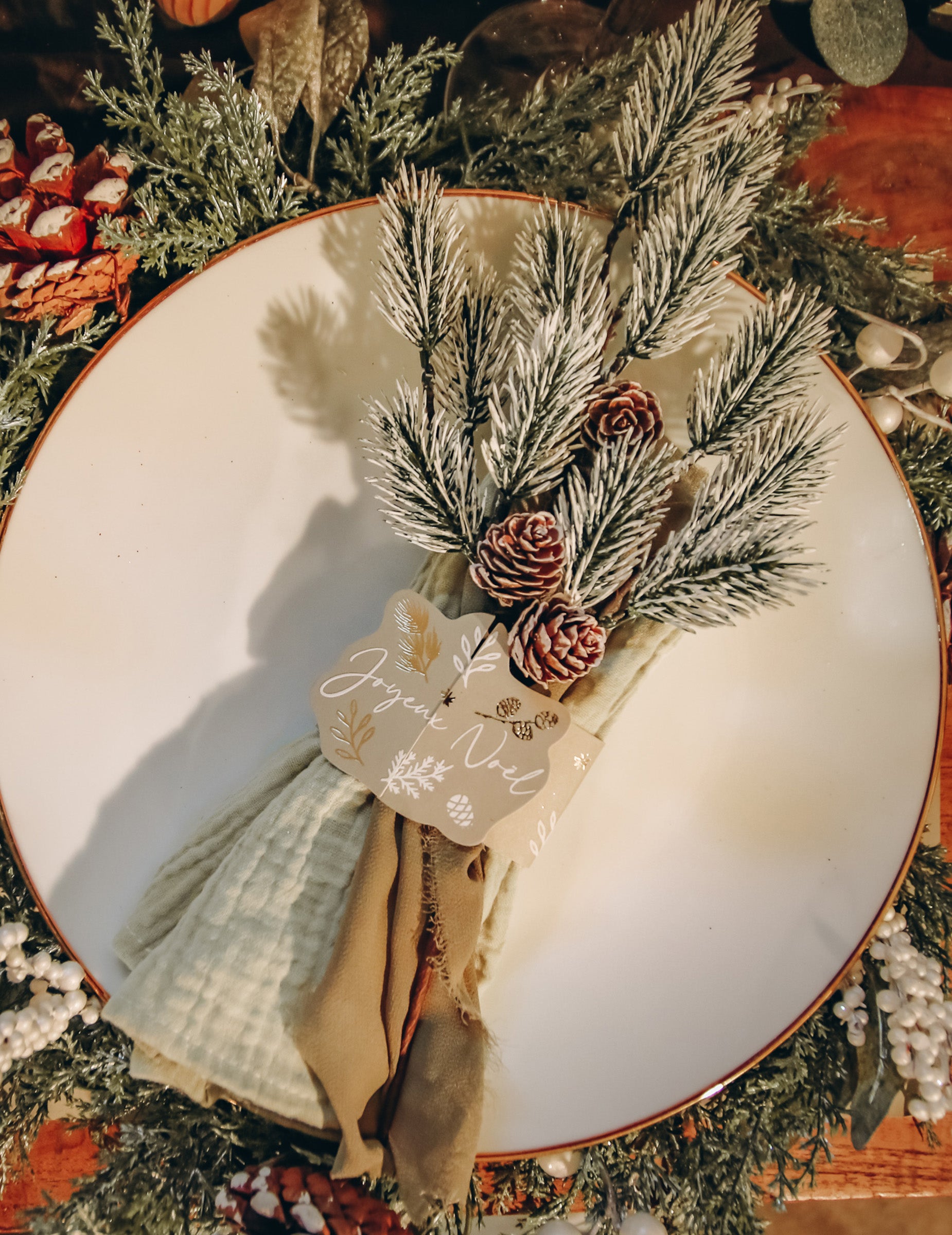 Mise en situation sur une assiette du ronds de serviette Noël botanique