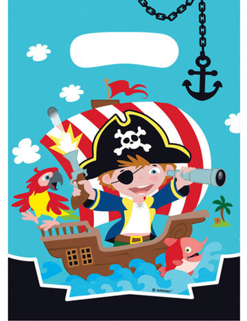 Sachets de fête plastique pirate pour anniversaire bleu avec illustration de navire et perroquet