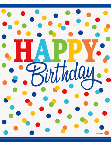 8 pungi cadou happy birthday cu buline colorate din plastic cu mânere 