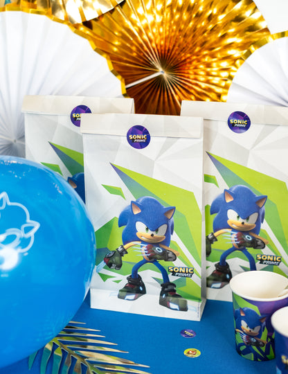 Détail de la décoration de table des sacs cadeaux Sonic Prime