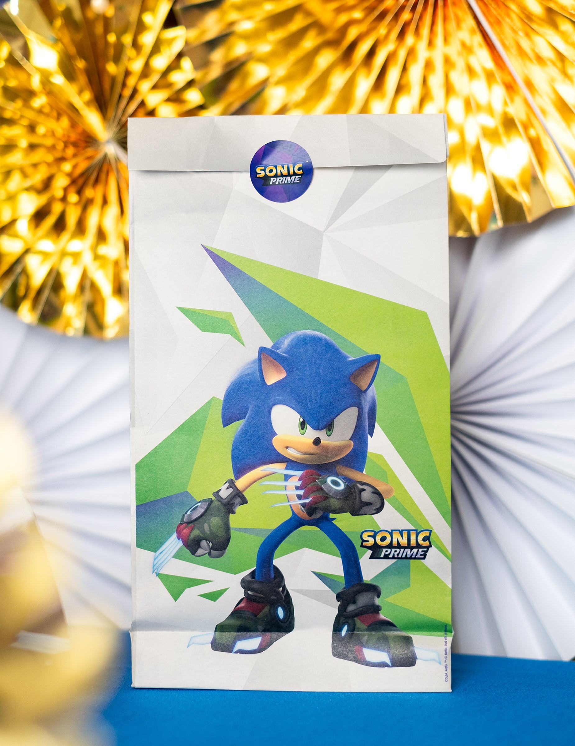 Vue de face des sacs cadeaux Sonic Prime