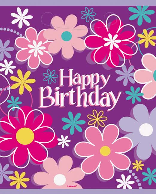 Pungi de petrecere Happy Birthday cu flori pentru cadouri mov cu modele florale multicolore