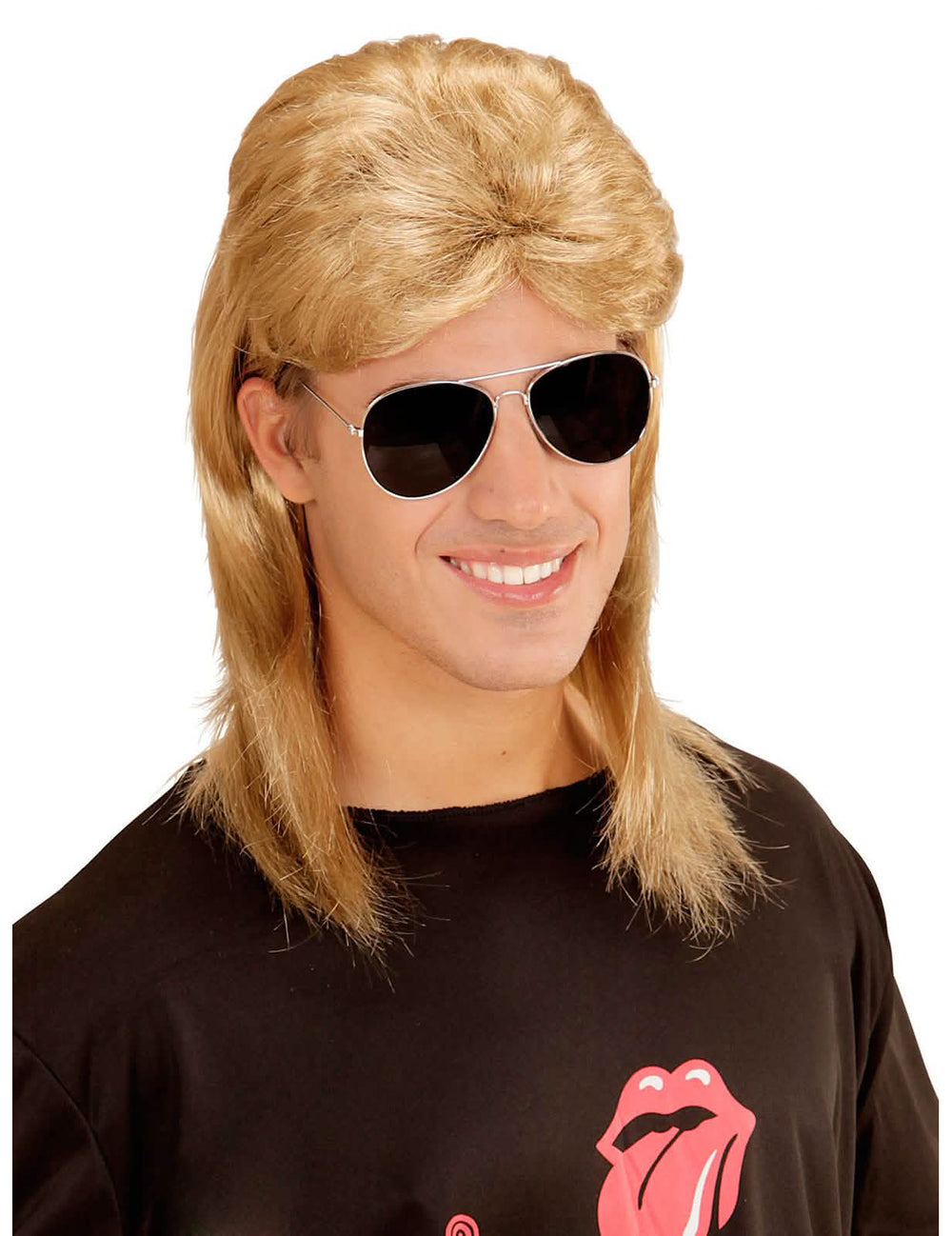 Perucă și ochelari anii 80 pentru bărbați blond stil mulet