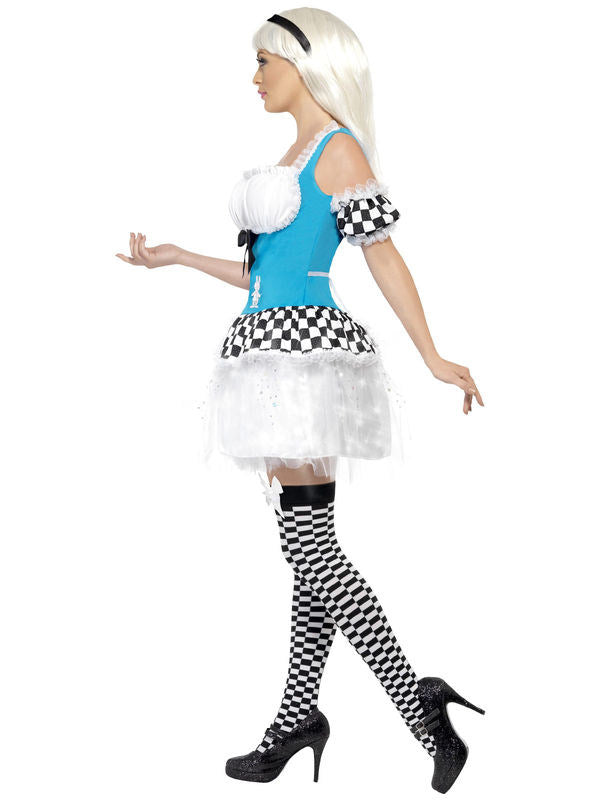 Costum de poveste Alice pentru femei, strălucitor, albastru deschis-alb-negru 