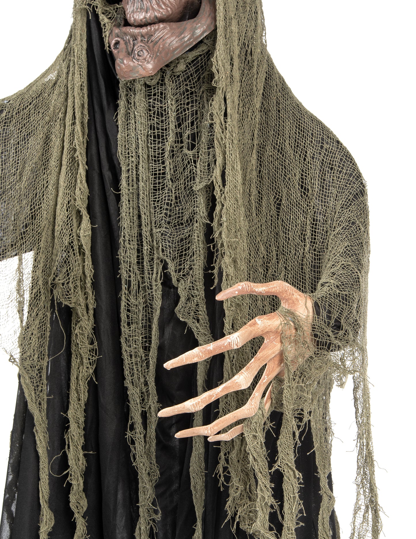 Détail de la main griffue et du visage de l'arbre hanté articulé lumineux et sonore Halloween