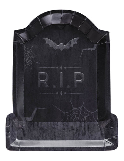 Assiettes en carton pierre tombale RIP pour Halloween noires avec motifs chauve-souris et toiles d'araignée