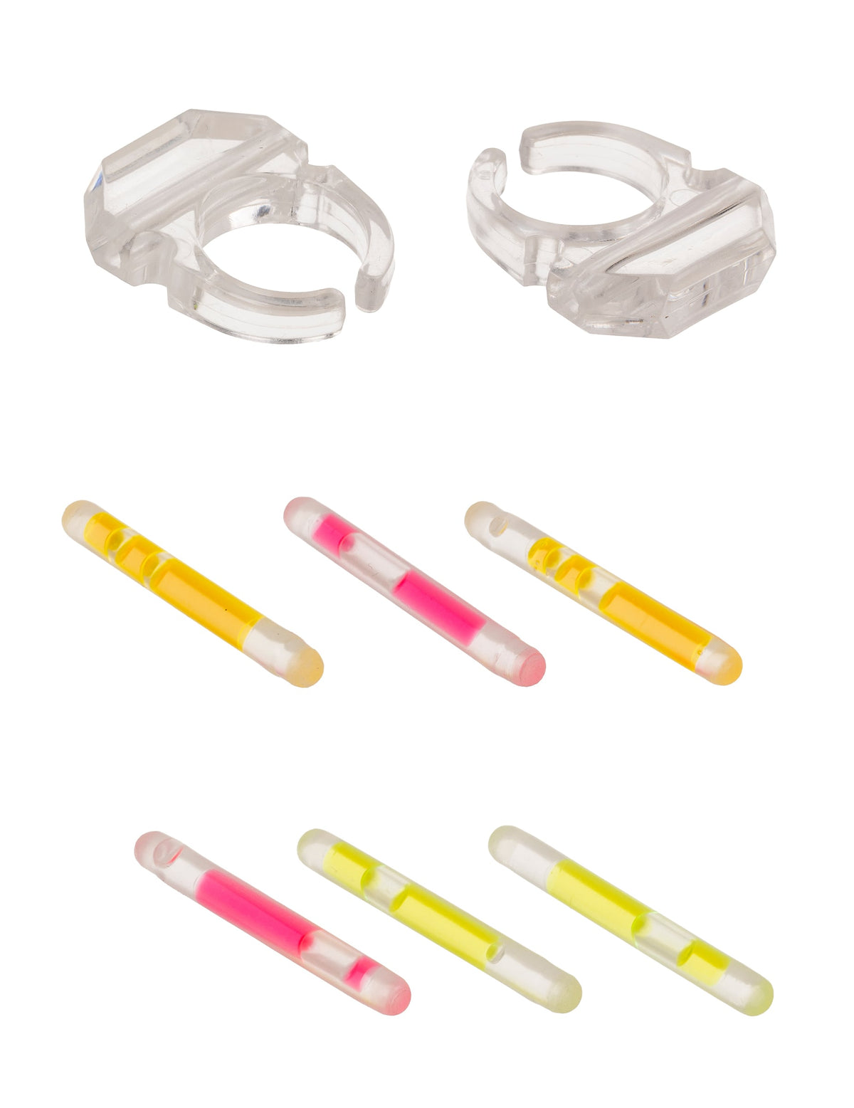 Détail des anneaux transparents et bâtonnets de la bague phosphorescente pour fête
