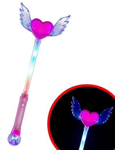 Baghetă magică luminoasă inimă cu aripi pentru copii, roz și multicoloră