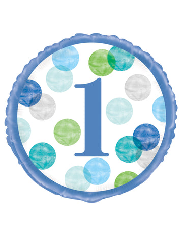 Balon folie alb și albastru pentru prima aniversare 45 cm buline pastelate