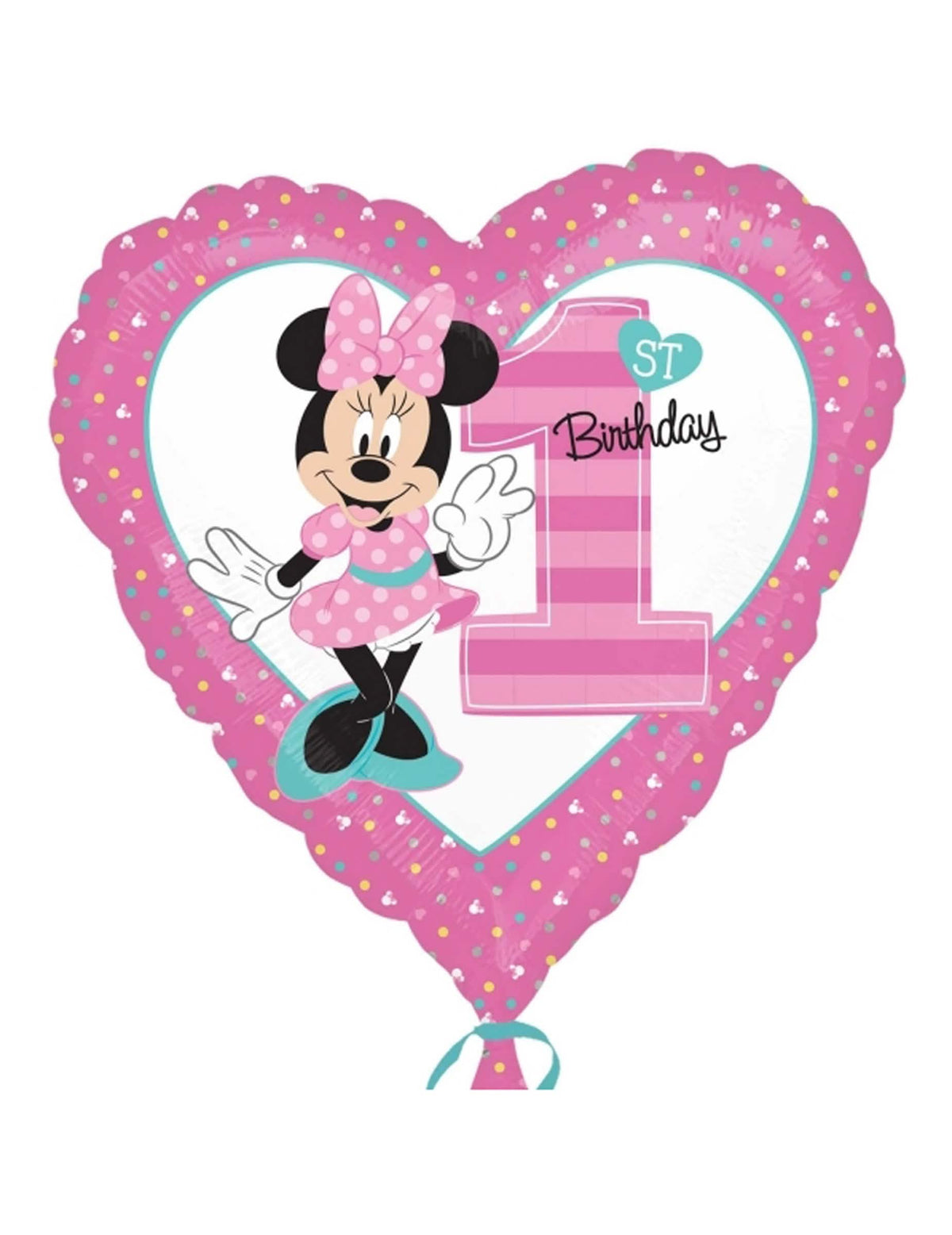 Balon din aluminiu pentru aniversarea de 1 an Minnie pentru bebeluș fată roz în formă de inimă