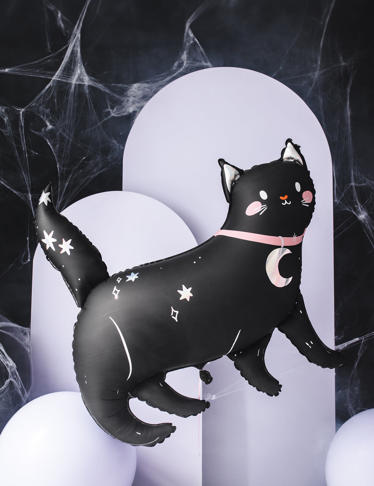Ballon aluminium chat noir Halloween pour décoration noir avec motifs de lune et d'étoiles
