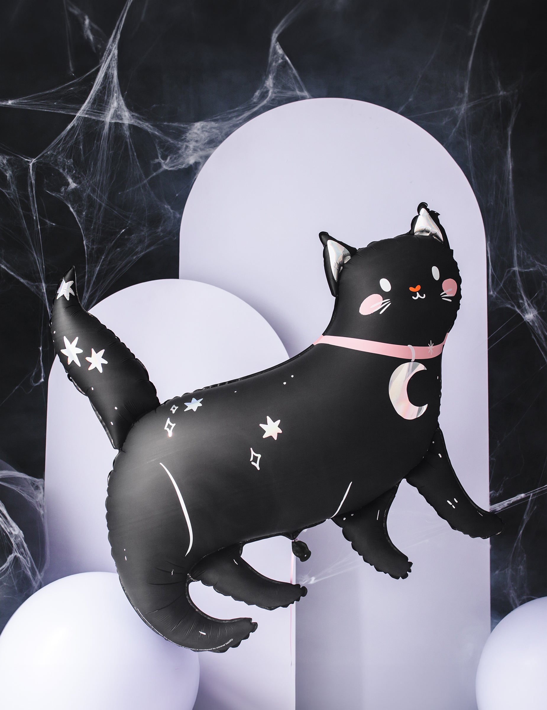 Ballon aluminium chat noir Halloween pour décoration noir avec motifs de lune et d'étoiles