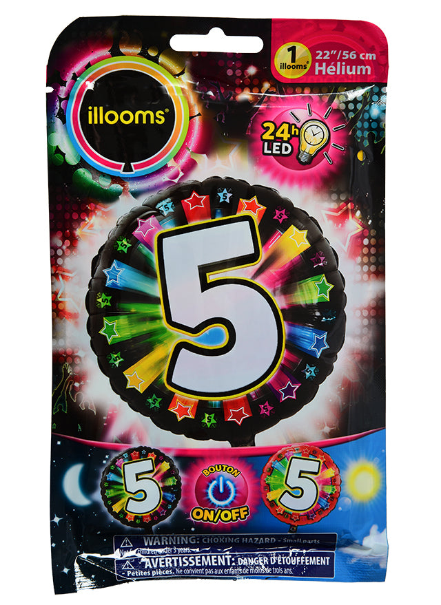 Balon din aluminiu numărul 5 cu LED-uri multicolore Illooms® 50 cm