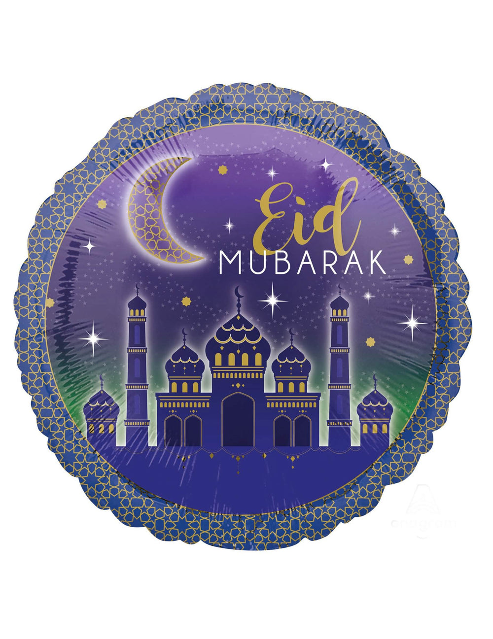 Balon din aluminiu Aïd Mubarak pentru decor mov și albastru cu moschee și semilună aurie