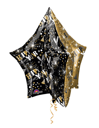 Ballon aluminium étoile Happy New Year pour fête noir et or