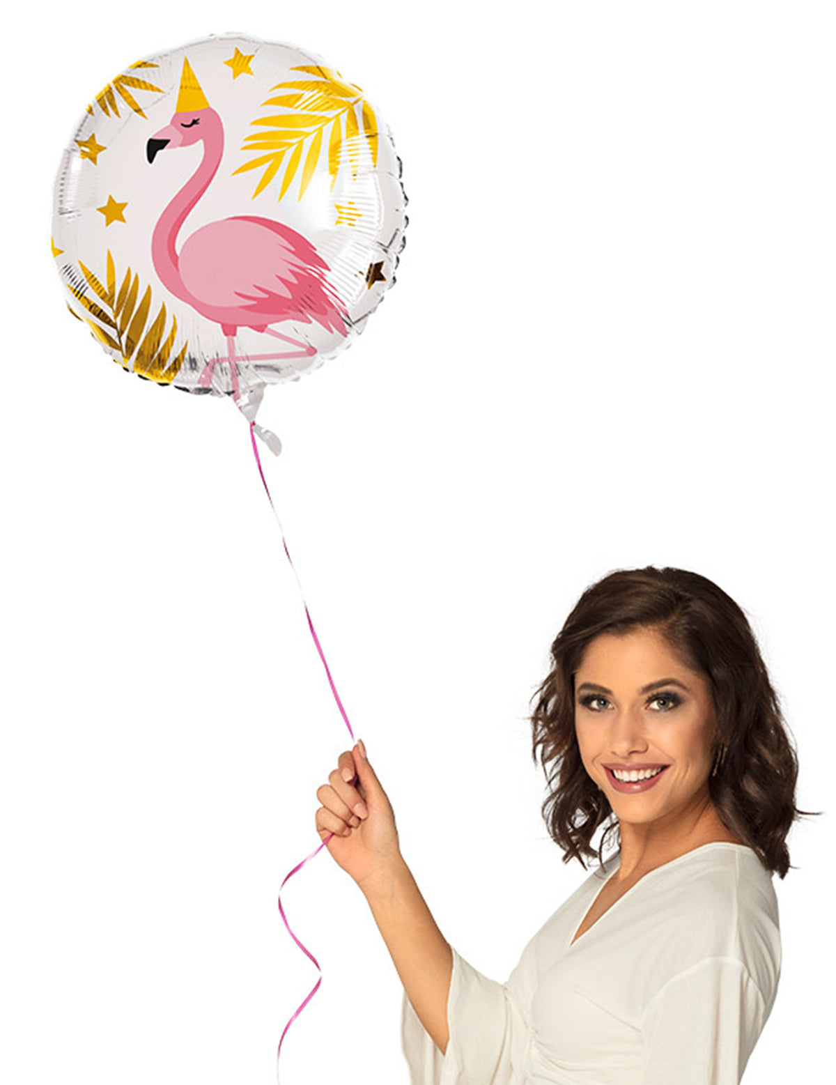 Mise en situation du ballon en aluminium flamant tropic pour anniversaire