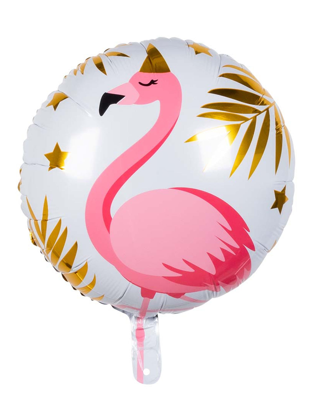 Ballon en aluminium flamant tropic pour anniversaire blanc et rose avec détails dorés