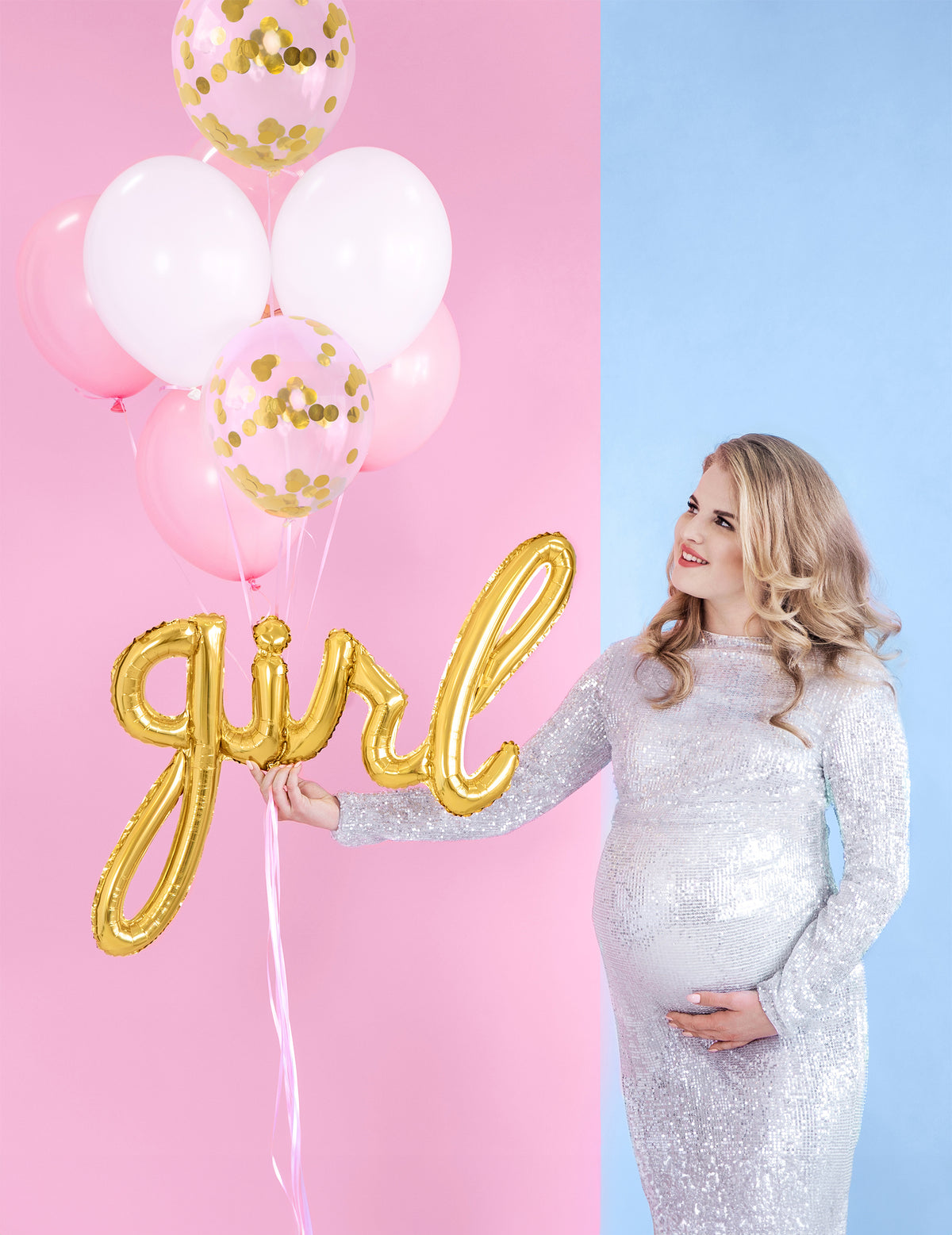Mise en situation pour baby shower du ballon aluminium girl doré