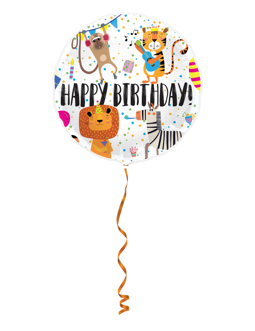 Vue d'ensemble avec ruban du ballon aluminium Happy Birthday animaux