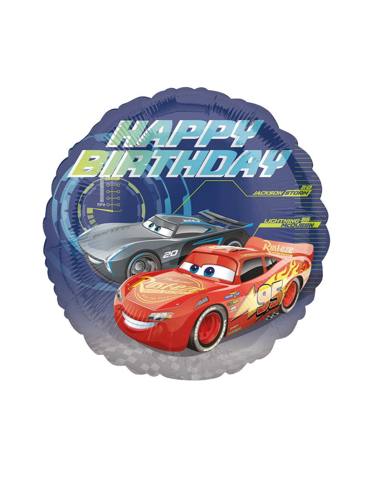 Balon din aluminiu Happy Birthday Cars 3 pentru copil albastru cu Flash McQueen și Jackson Storm
