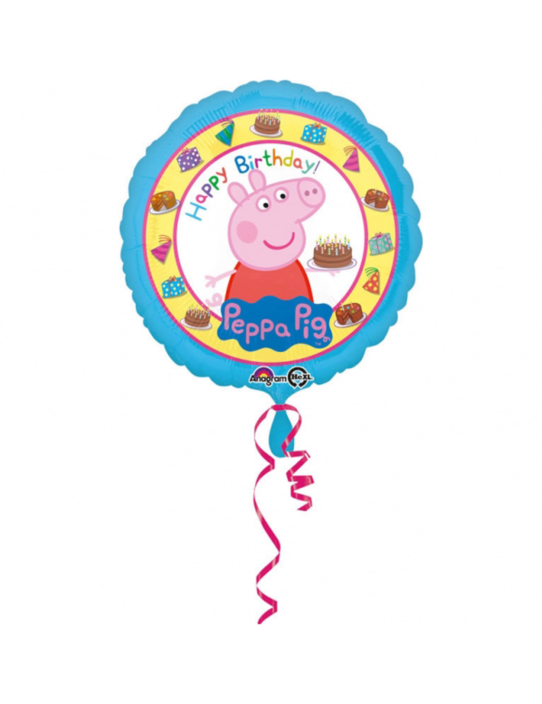Ballon aluminium Happy Birthday Peppa Pig pour enfant bleu avec gâteau d'anniversaire