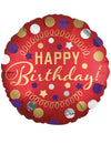 Ballon aluminium Happy Birthday pour anniversaire rouge satiné avec pois dorés et argentés