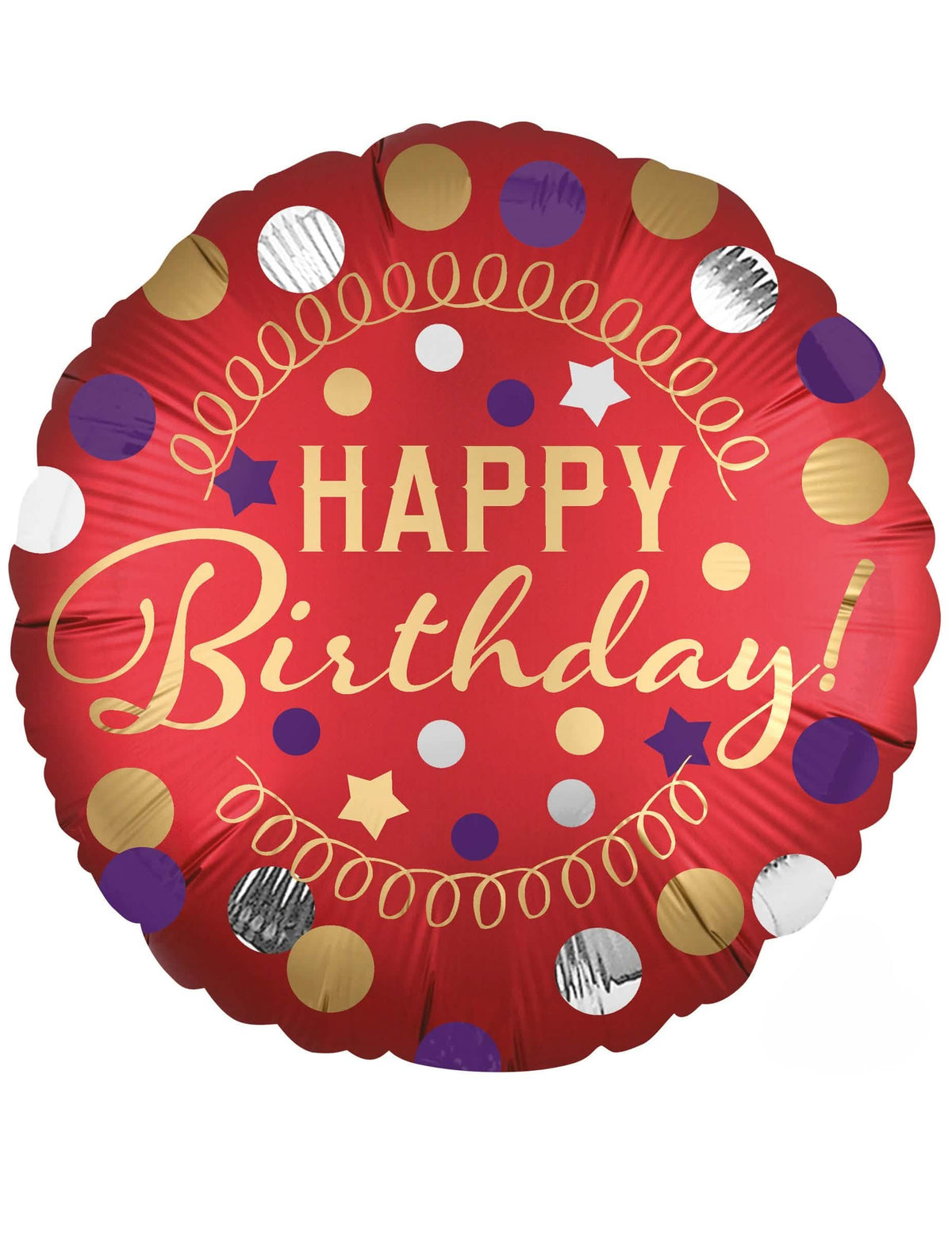 Balon din aluminiu Happy Birthday pentru aniversare roșu satinat cu buline aurii și argintii