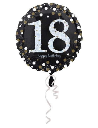 Balon din aluminiu Happy Birthday 18 ani pentru adult, negru și argintiu holografic