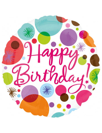 Balon din aluminiu happy birthday 43 cm alb cu buline 