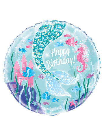 Ballon aluminium jolie sirène pour anniversaire bleu turquoise avec hippocampe rose