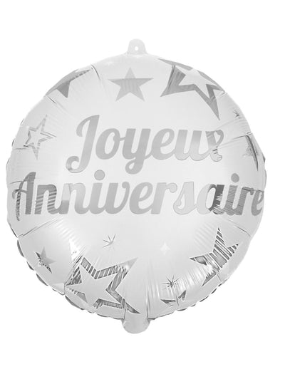 Ballon aluminium Joyeux anniversaire blanc à motifs étoiles argentées